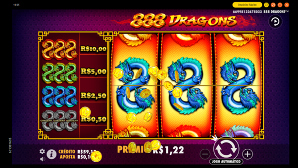 Slot 888 Dragons com s&iacute;mbolos alinhados. 